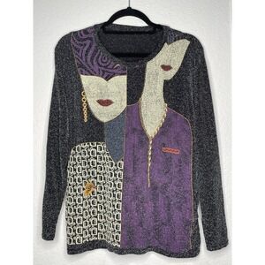 Vintage‎ Ki Meng Womens Sparkly Top Blouse Art Wear All Over Print Abstract Deco